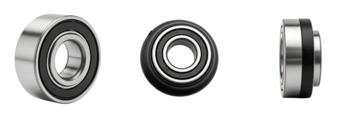 A set of three isolated ball bearings shown from multiple perspectives. Detailed views of a single row deep groove bearing on a clean white background.