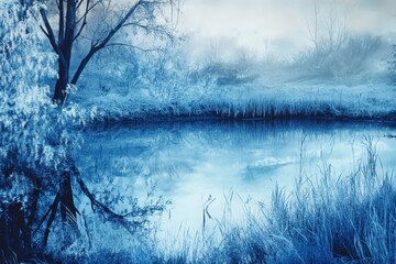 Frozen pond reflects frosted trees in a blue monochrome winter landscape. Use for winter theme, cold concepts, or quiet, serene nature designs.
