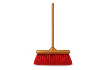 Cleaning broom with red bristles and long wooden handle isolated on transparent background, perfect for cleaning and sweeping tasks