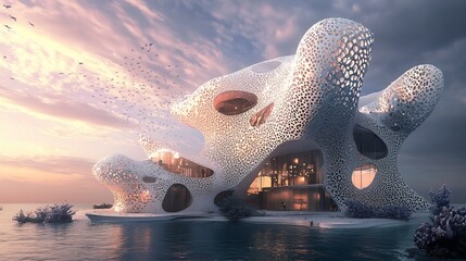 Conceptual Organic Architecture Marvel on the Coastline at Sunset