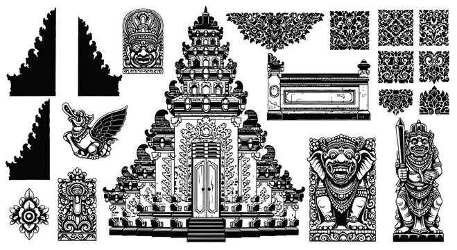 Balinese Temple Architecture Set: Pura Gate, Candi Bentar, Dwarapala Guardian, and Boma Carving.