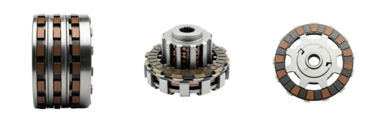 Three views of a new clutch assembly with friction disc. Automotive transmission spare part isolated on a white background.