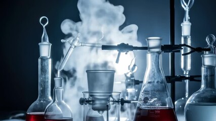 Close-up of chemistry glassware with liquid and smoke for science research and experiment, laboratory tools concept. - Powered by Adobe