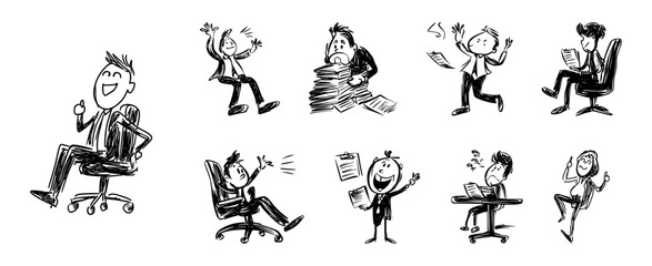 Fototapeta premium Business doodle silhouette character set with funny hand drawn office workers in humorous work situations