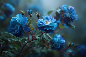 Blue roses with dew drops on petals and leaves, soft dreamy background. Great for nature-themed projects, backgrounds, or adding a touch of elegance.