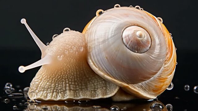 Snail's Delicate World: A detailed macro shot showcases a snail's intricate shell and body, highlighted by delicate water droplets. Revealing the hidden beauty of nature's artistry.