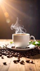 Hot coffee, steam, beans