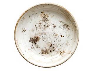 Antique ceramic bowl with scattered dried herbs isolated on transparent background