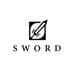 Simple minimalist sword logo design with cool black silhouette, sword weapon tool illustration symbol template icon