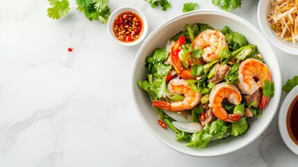 Fresh Shrimp Salad with Herbs and Vegetables on a Marble Surface