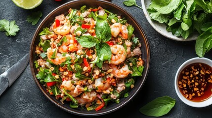 Fresh Shrimp Salad with Herbs, Vegetables and Spicy Dressing