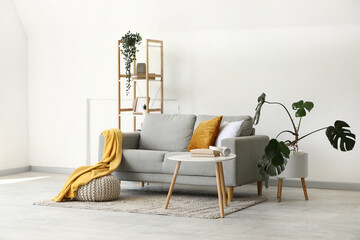 Cozy sofa with shelving unit, coffee table and houseplants near white wall in living room