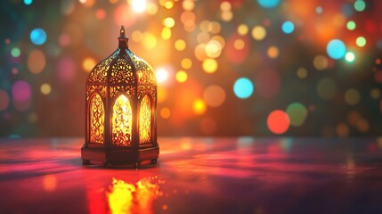 Ornate Lantern Glows Warmly Against Festive Bokeh Background, Celebration Theme