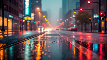Fototapeta na wymiar Rainy urban street at night with glowing reflections and blurred lights creates vibrant atmosphere