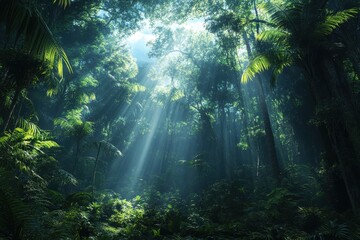 Lush green jungle canopy with sun rays piercing through the dense foliage. Use for environmental, travel, or nature related projects easily.