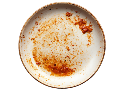 Dirty plate with food remnants after a meal isolated on transparent background