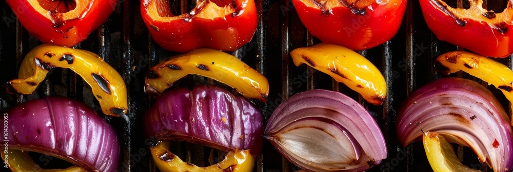 Poster thinly sliced bell peppers and onions grilling to perfection adding a pop of color to any meal.