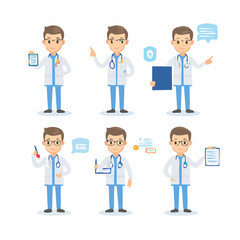Fototapeta premium Set of male doctor character illustrations. Young physician in a lab coat shown in different full-body poses and actions.