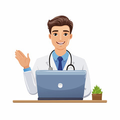 Fototapeta premium Friendly Doctor at Desk Using Laptop, Smiling & Greeting - Vector Illustration