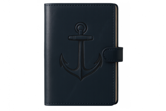 Blue leather notebook with anchor showing stability and security on transparent background