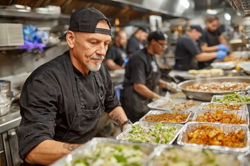 Catering chef preparing food trays in busy commercial kitchen area. Use for restaurant blogs, food services, or culinary related content.