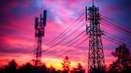 Fototapeta premium Towers silhouette against fiery sky