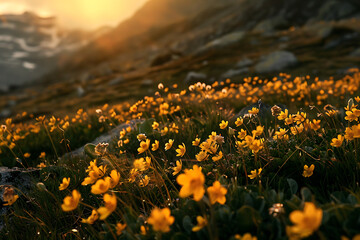 Fototapeta premium Sunset illuminates yellow flowers with mountain backdrop 