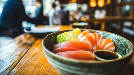 Fresh Sushi Bowl with Assorted Fish and Soy Sauce on Wooden Table