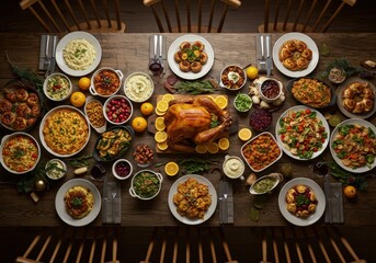 A beautifully arranged Thanksgiving table is set with a roasted turkey and various side dishes.