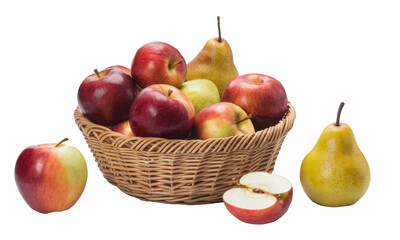 basket of fresh apples and pears on white background.