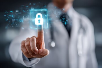 Doctor touches a digital screen with a padlock symbol on it. It can illustrate medical data protection, or cybersecurity in healthcare.