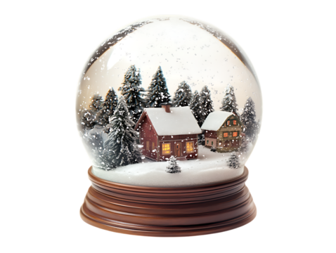 Christmas snow globe with cozy houses and pine trees isolated on transparent background