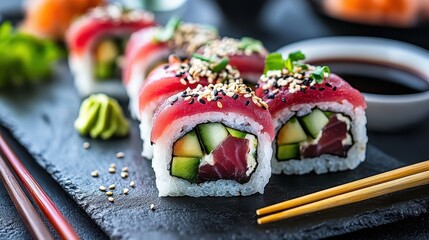 Fresh Sushi Rolls with Tuna and Avocado on a Dark Slate Plate