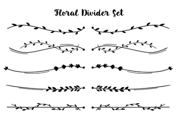 Set hand drawn floral elements isolated doodle line style. Outline silhouette branches.