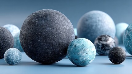Various sized textured blue spheres on blue surface, depth-of-field
