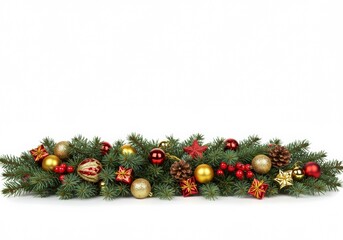 A vibrant Christmas garland with red and gold ornaments on a white backdrop.