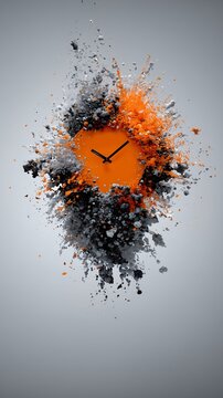 Exploding Clock Concept with Orange and Black Powder on Gray Background