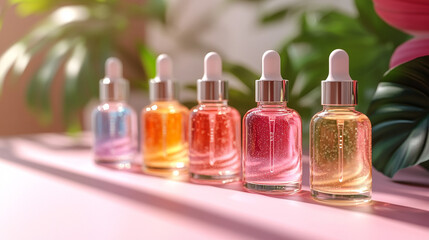 Colorful serum bottles on pink surface, sunlight through plants