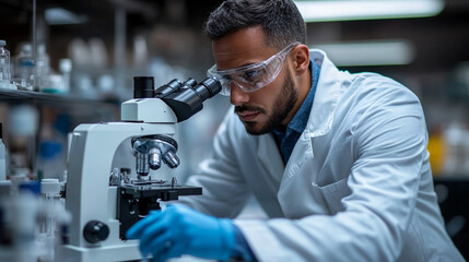 Focused Scientist Examining Sample Under Microscope in Industrial Lab