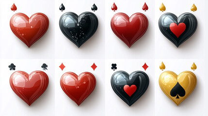 Colorful glossy playing card hearts on white background