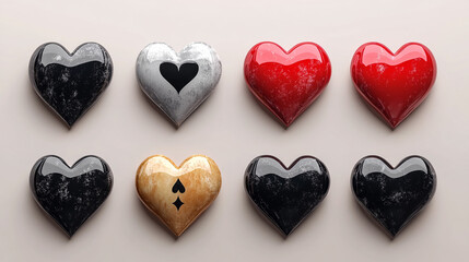 Colorful hearts with playing cards on a light background
