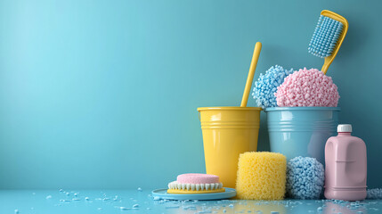 Colorful cleaning supplies, studio backdrop, teal wall,  modern cleaning scene