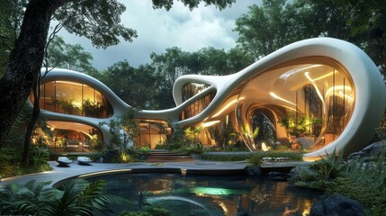 Design a captivating image of innovative architecture, showcasing a futuristic building with sleek lines and organic shapes, surrounded by lush greenery and integrated with nature, modern design