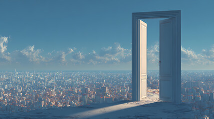 Doorframe floating over cityscape