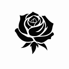 Simple black rose silhouette icon. Stylized floral graphic vector illustration of a flower blossom isolated on a white background.