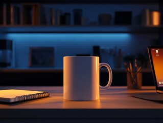 Mug, Notepad, and Laptop on a Work Desk in Serene Evening Lighting