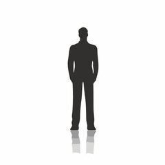 Silhouette of a man in a suit standing with his hands in his pockets on a white background with reflection