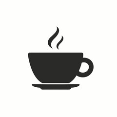 Simple black coffee cup icon with steam on a saucer. Vector graphic symbol for a hot drink, cafe, or tea.