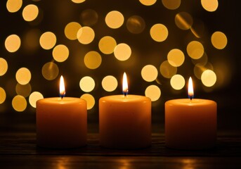 Three candles burning brightly with a beautiful bokeh background.