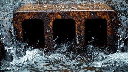 Water rushing through rusted metal drain with three openings